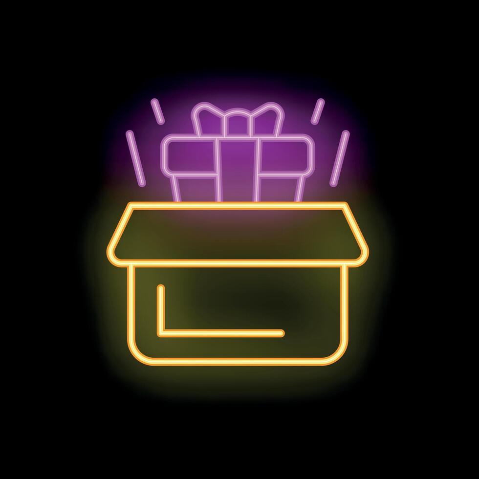 Neon gift box opening with ribbon shining on black background vector
