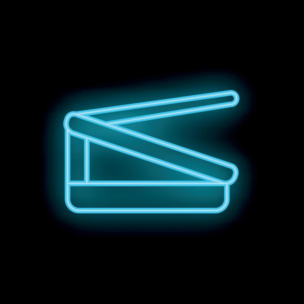 Blue neon sign icon of open pizza box on black background vector