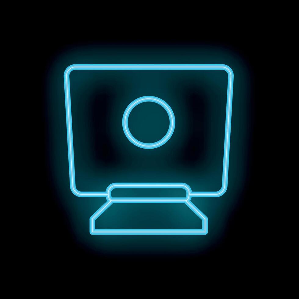 Glowing neon icon of a computer displaying a circle on black background vector
