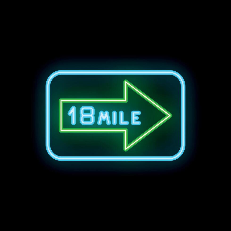 Neon sign showing 18 miles ahead on black background vector