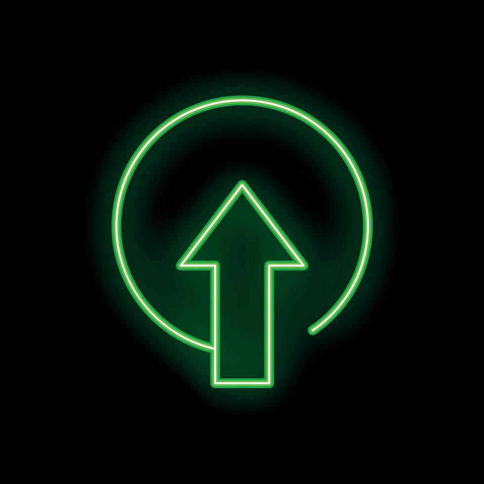 Green neon arrow pointing up in a circle on black background vector