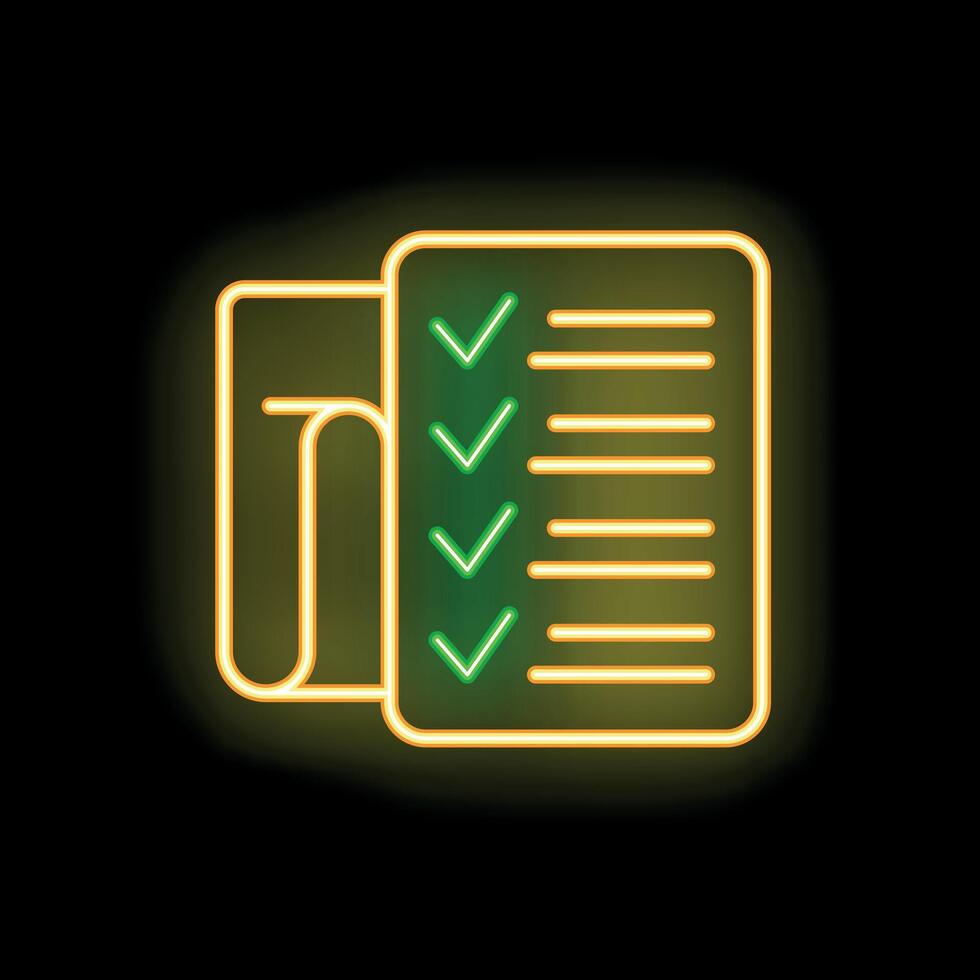 Neon yellow checklist icon glowing on dark background vector