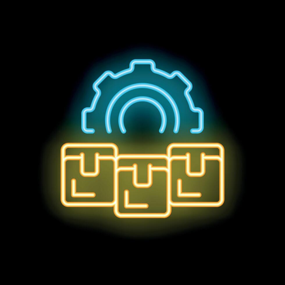 Neon sign representing product management with boxes and gear icon vector
