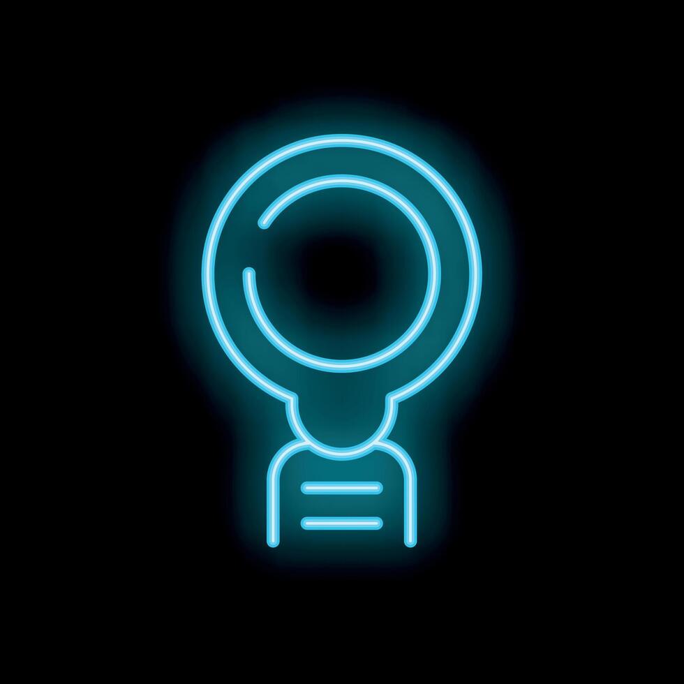 Neon sign representing a magnifying glass searching a human head for ideas vector