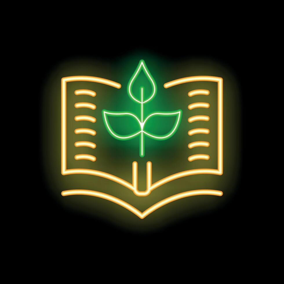 Neon icon of open book with growing plant for education and knowledge vector