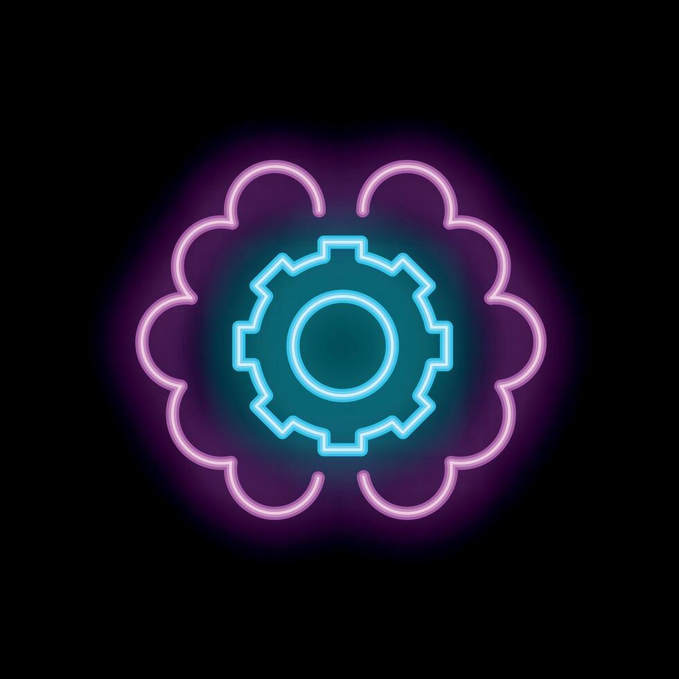 Neon brain processing information with gear symbol inside vector