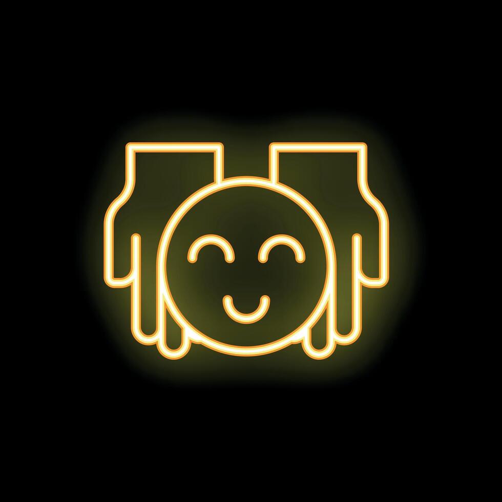 Two hands holding happy face neon sign on black background vector