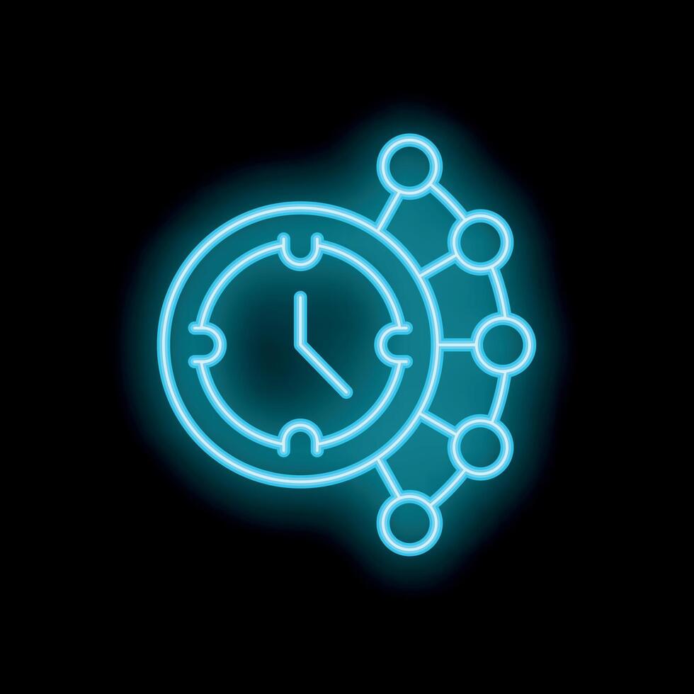 Neon clock showing time management with network connection icon vector