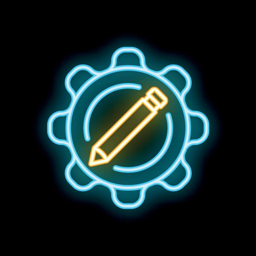 Neon icon of pencil inside gear symbolizing creative process vector