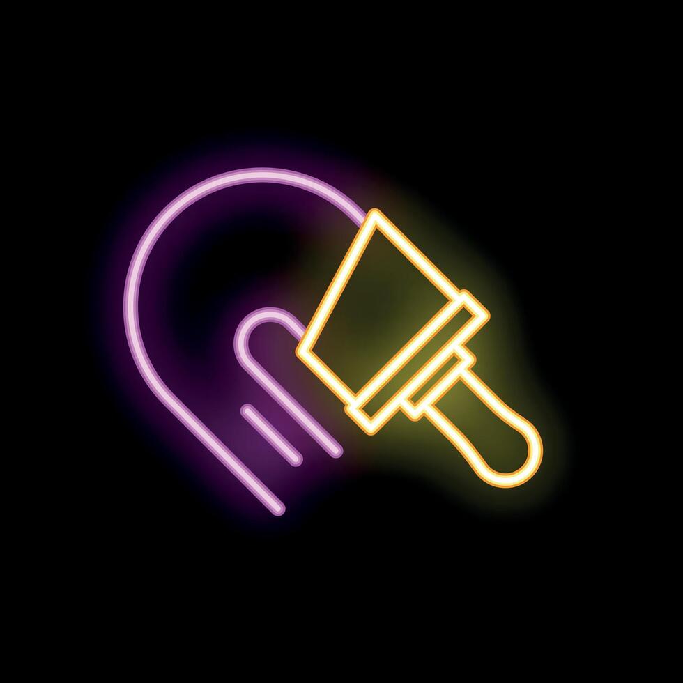 Neon sign of a hand holding a paint brush on a black background vector