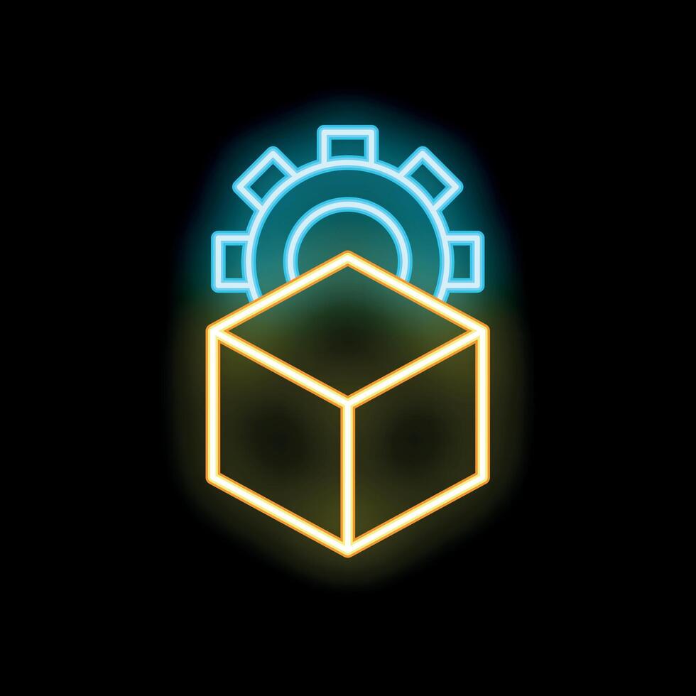 Neon gear rotating above a cube symbolizing automation vector