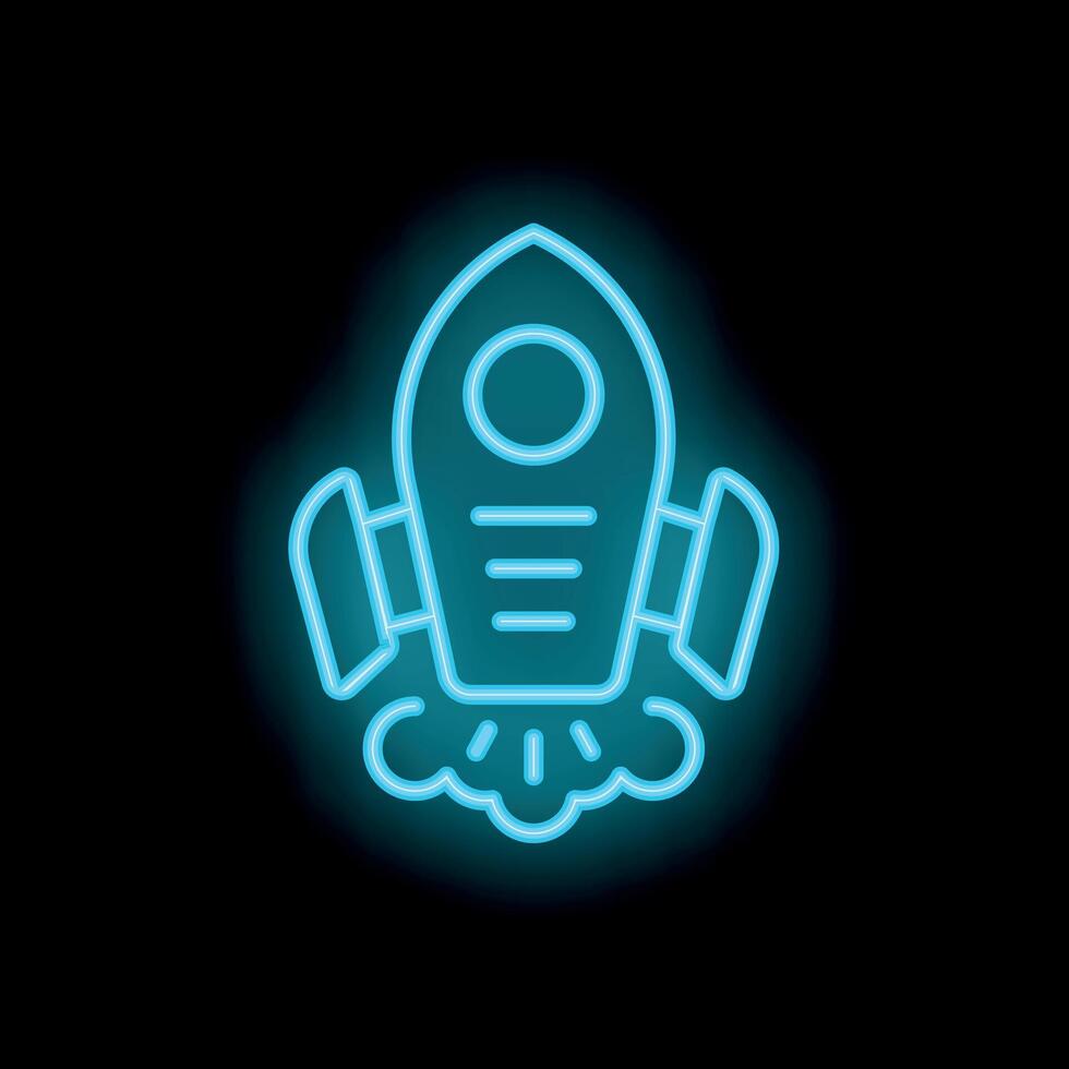Blue neon sign of spaceship taking off from ground with smoke cloud vector