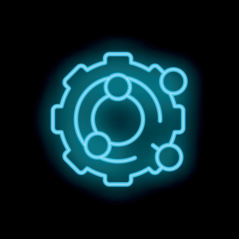 Neon blue gear wheel connecting data points on black background vector