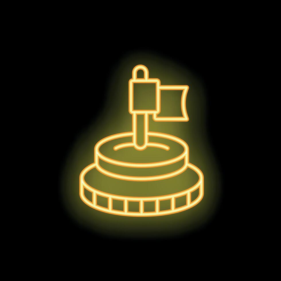 Neon icon of flag planting on stack of coins representing financial goal achievement vector
