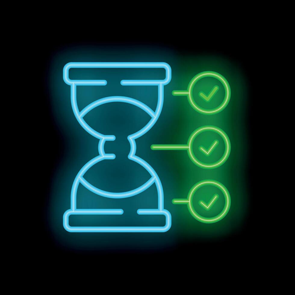 Neon icon of hourglass with check mark representing time management vector