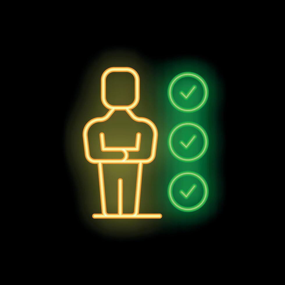 Businessman standing with arms crossed near checklist with check marks in neon style vector
