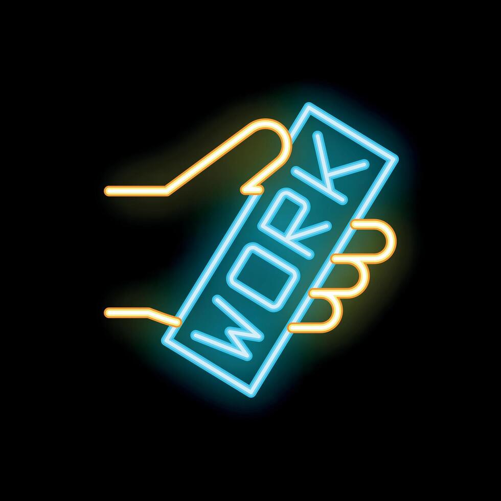 Hand holding work neon sign on black background vector