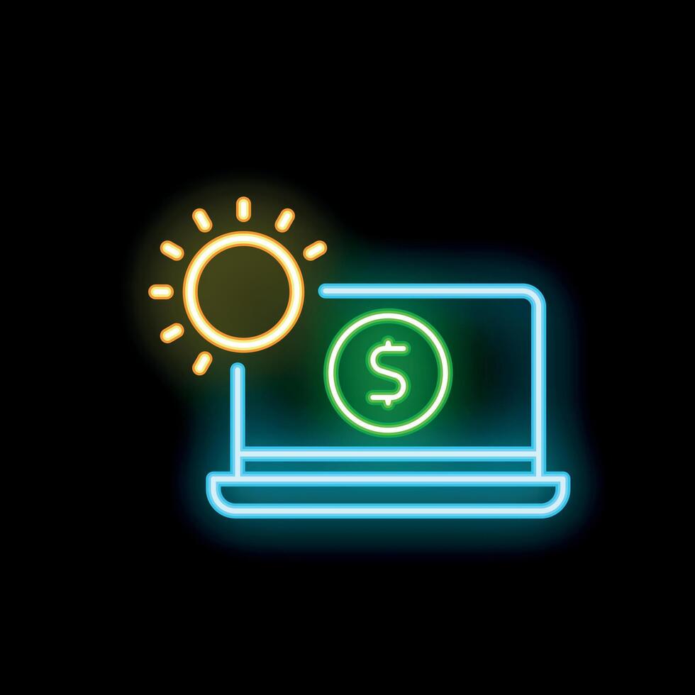 Neon icon of laptop showing dollar sign with sun shining above vector
