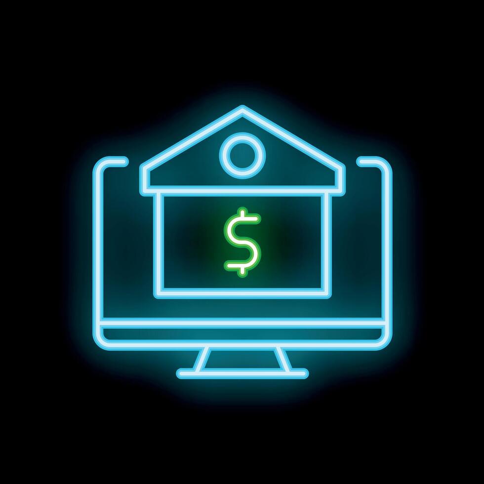 Neon icon of bank building displaying on computer screen for online banking concept vector