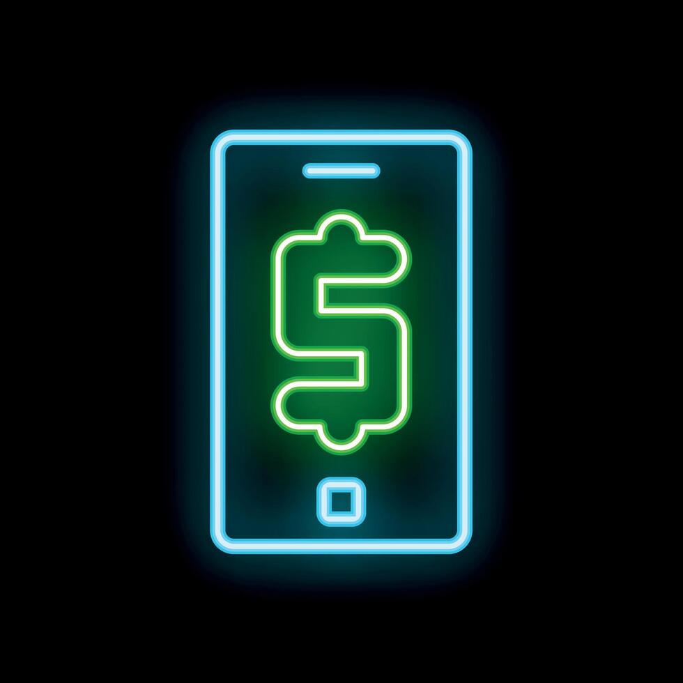 Neon sign showing smartphone displaying dollar sign on black background vector