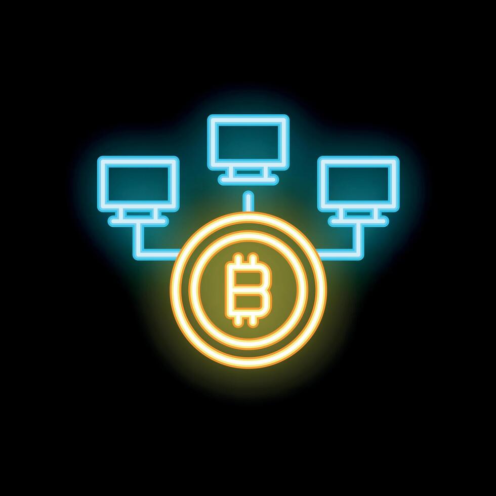 Bitcoin network connecting computers using blockchain technology neon icon vector
