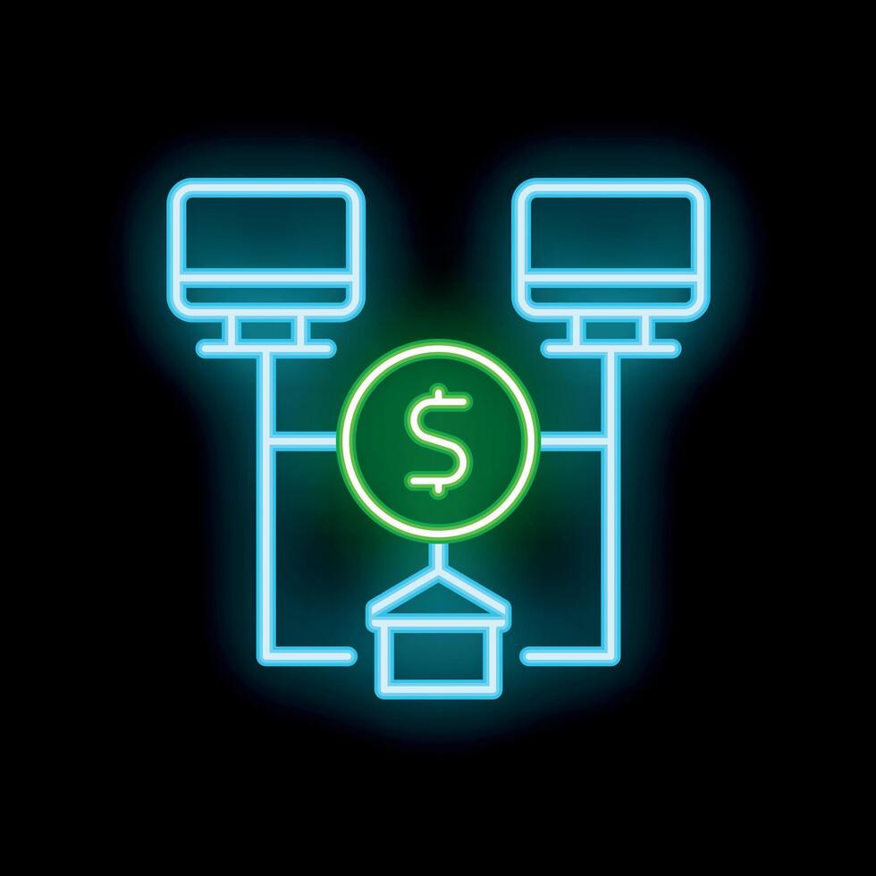 Neon green dollar sign connecting two computers in a network vector