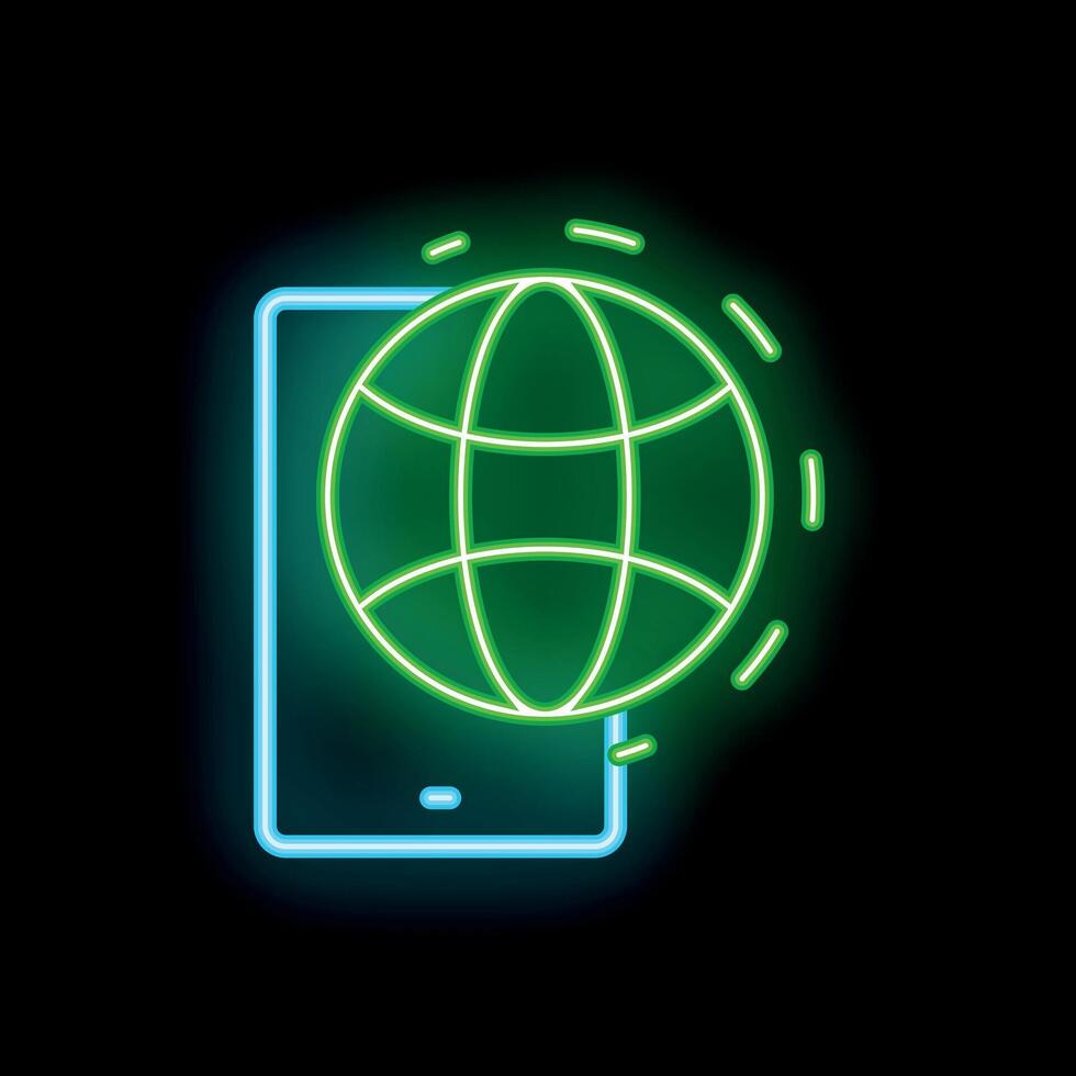 Neon icon of smartphone showing rotating globe for global communication vector