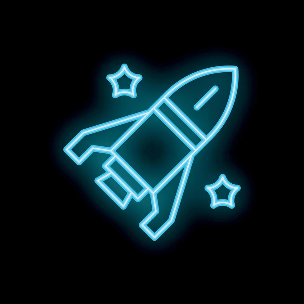 Neon rocket ship flying through space with stars vector