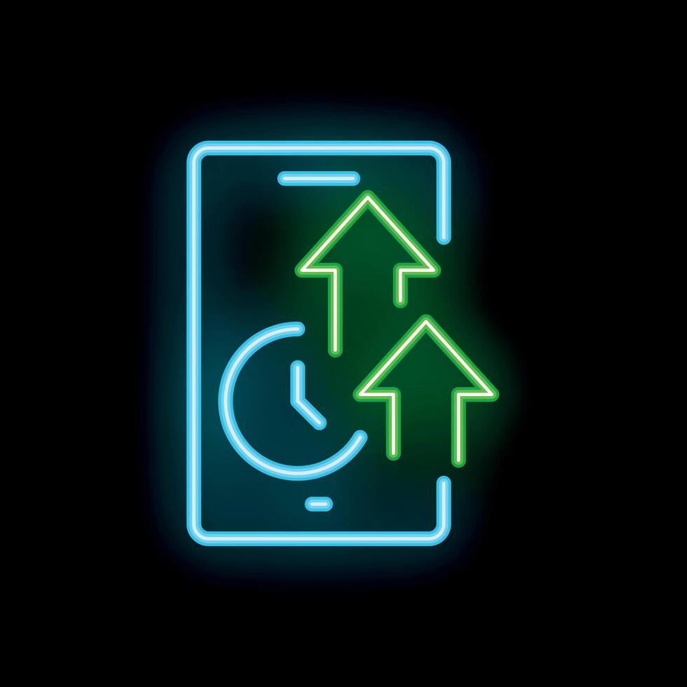 Neon icon of smartphone showing fast upload speed time concept vector