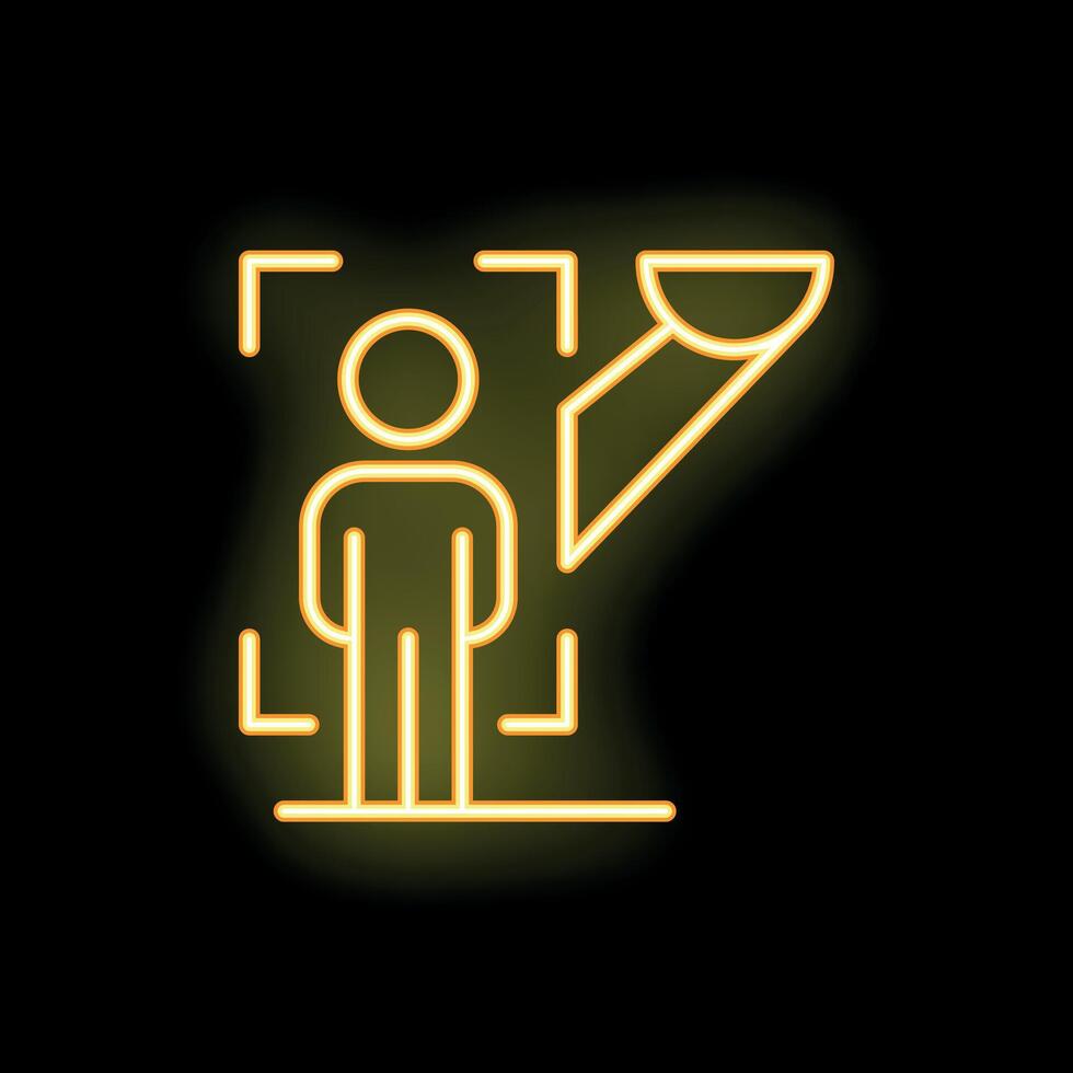 Neon icon of person standing under spotlight being scanned vector