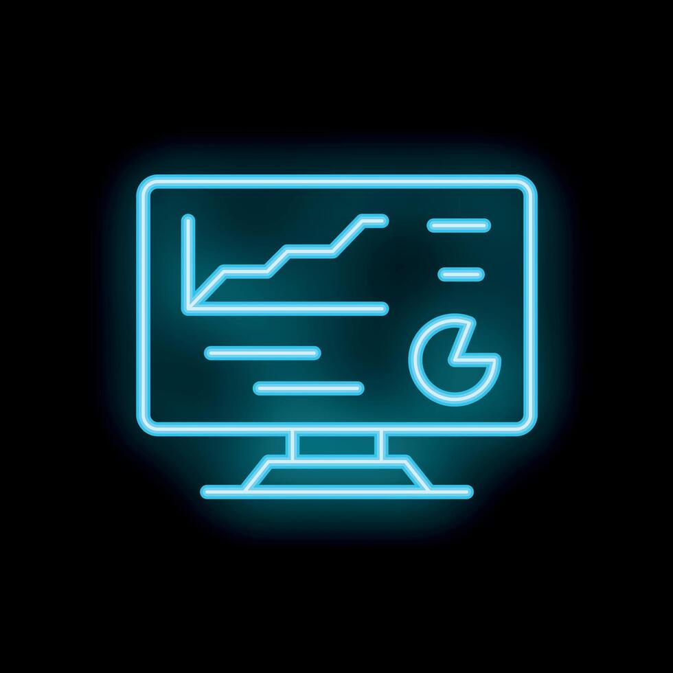 Neon style icon of computer screen displaying business analytics and data charts vector