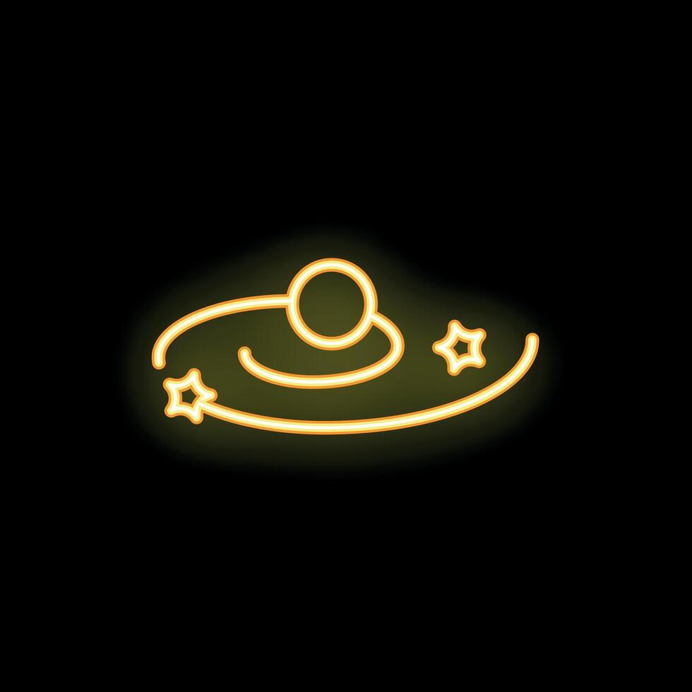 Neon yellow planet orbiting around star with asteroids vector