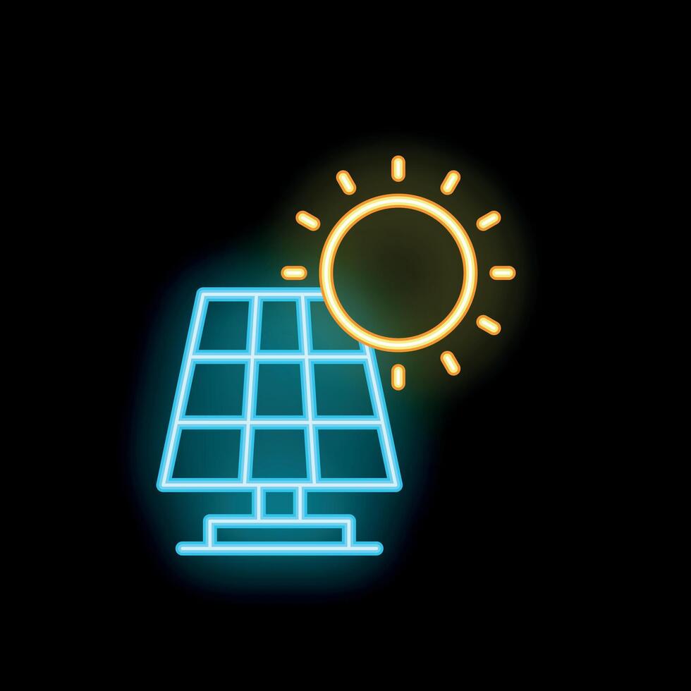 Neon solar panel generating energy from sun icon vector