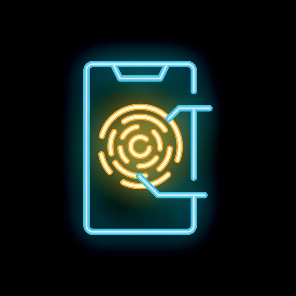 Smartphone scanning fingerprint accessing security neon sign icon vector