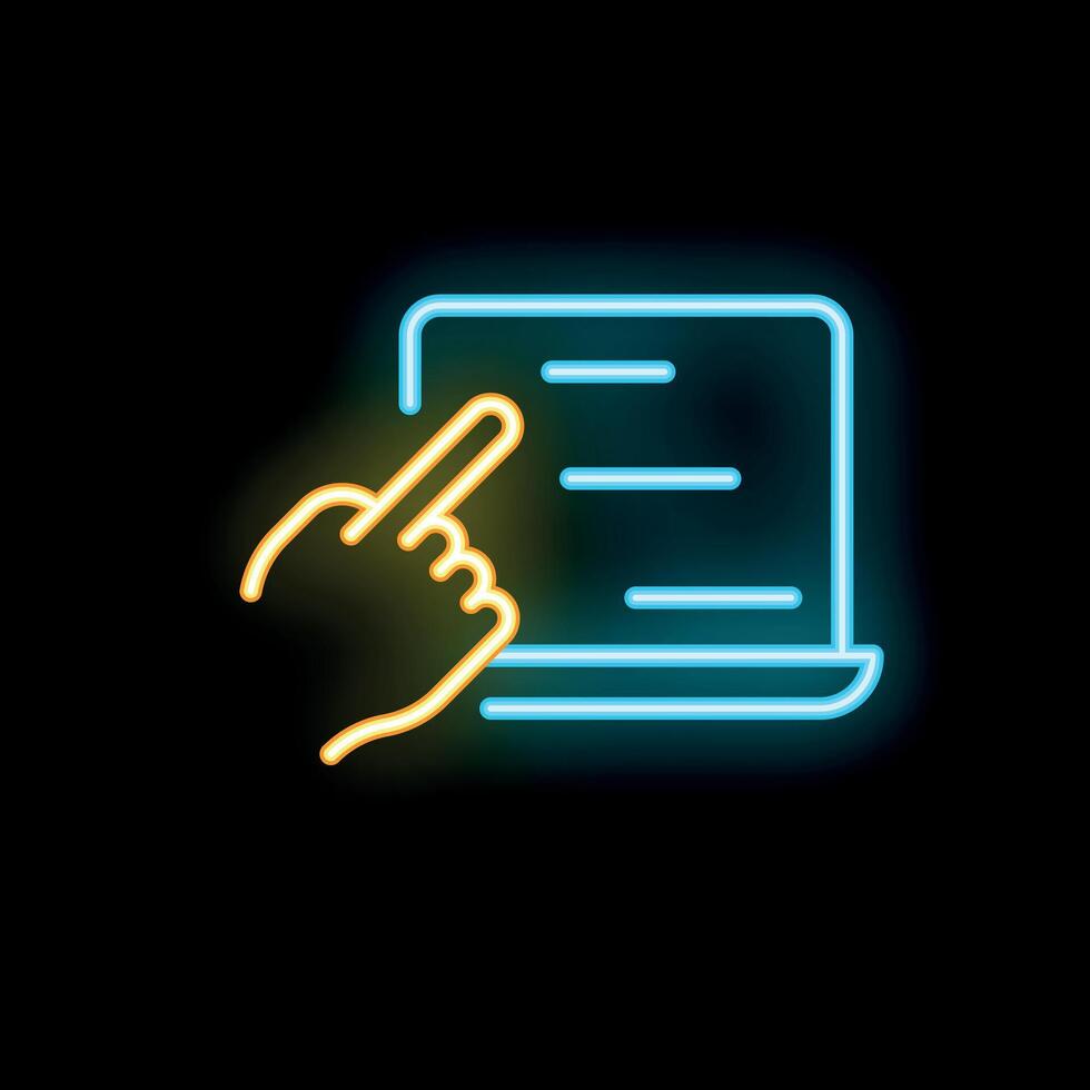 Neon sign showing hand pointing at laptop screen vector