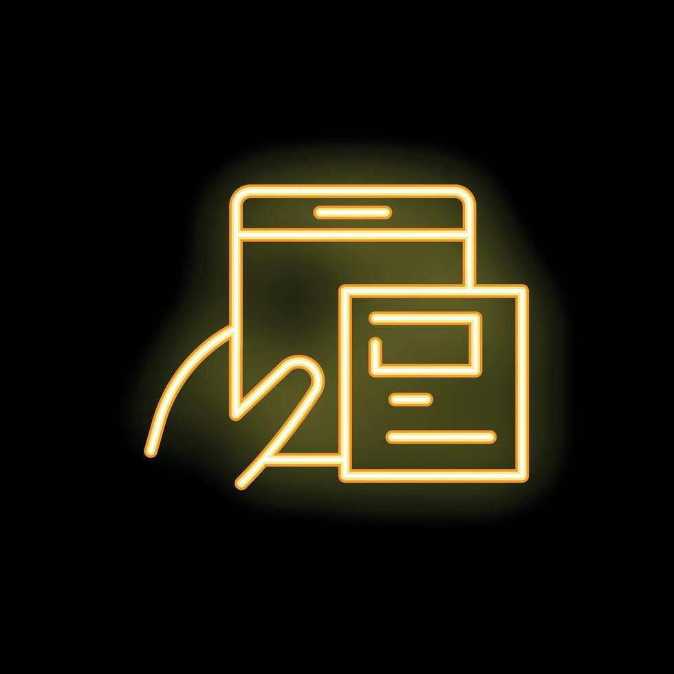 Neon icon of hand holding smartphone with document displayed vector