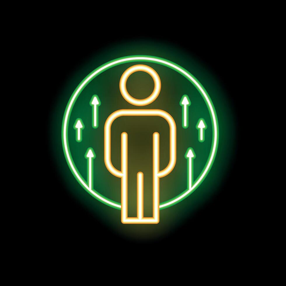 Neon icon of person standing inside a circle surrounded by upward arrows vector