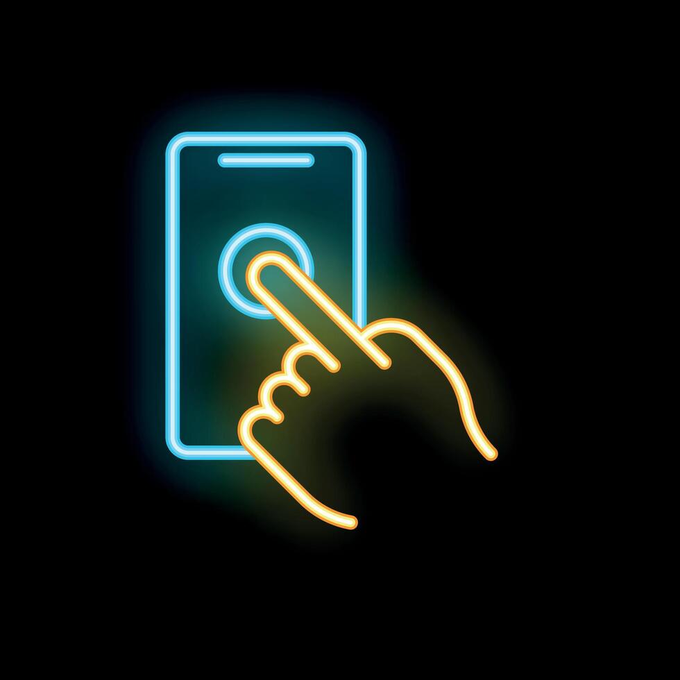 Hand touching smartphone screen neon sign on black background vector