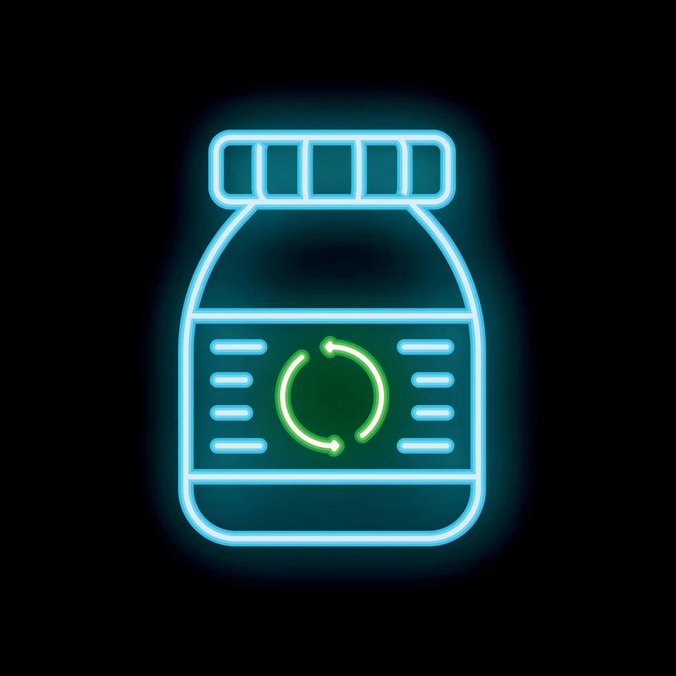 Neon icon of reusable plastic or glass jar with recycle sign on label for storing food or other stuff vector