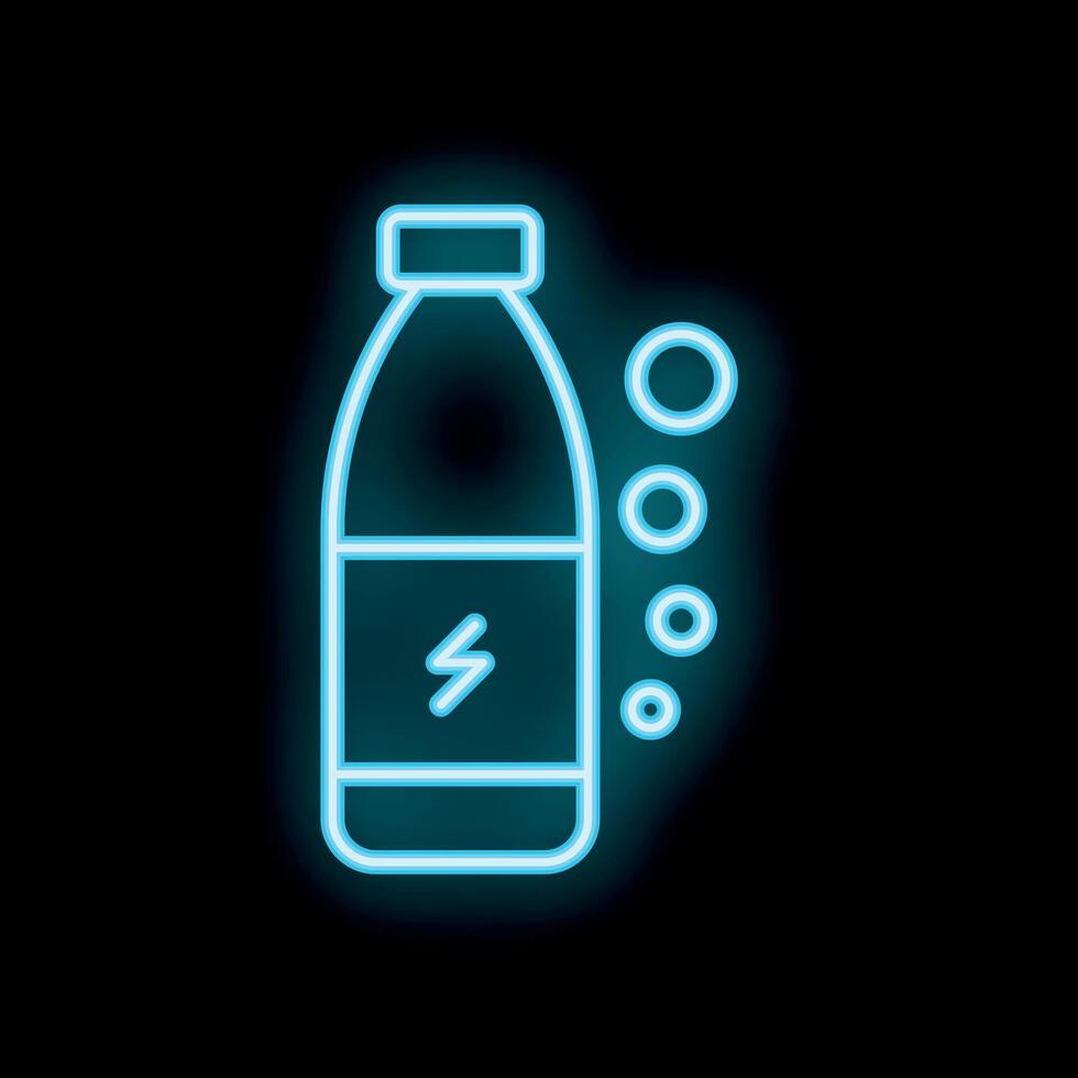 Neon blue energy drink bottle with bubbles on black background vector