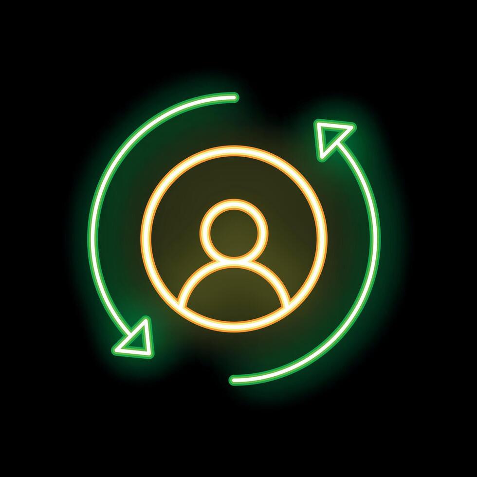 Neon green circular arrows surrounding person icon on black background vector