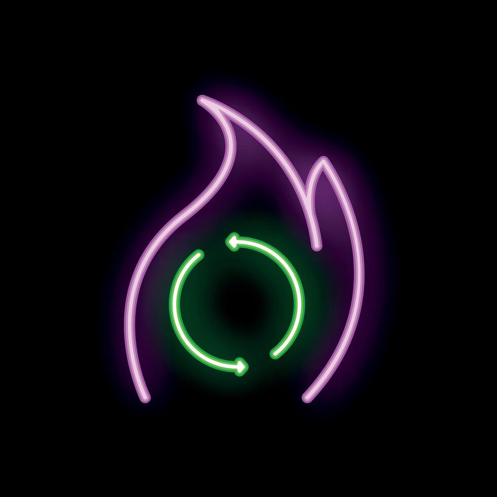 Neon sign representing waste to energy concept with green circular arrows in a purple flame vector