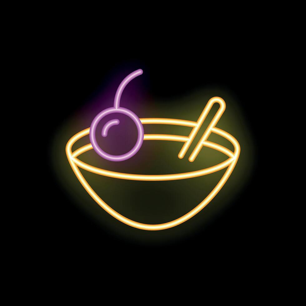 Neon sign of cocktail with cherry and straw in glass shining on black wall vector