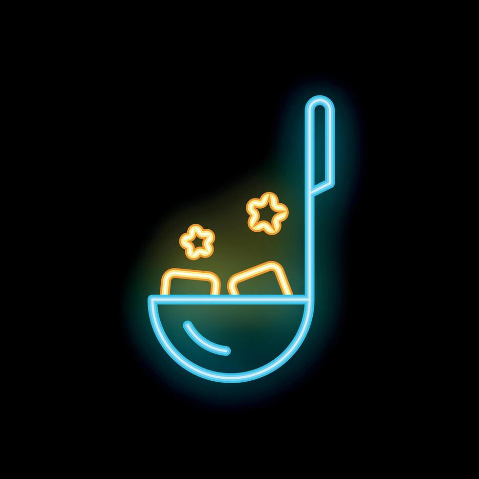 Neon sign of ladle scooping up sparkling stars on black background vector
