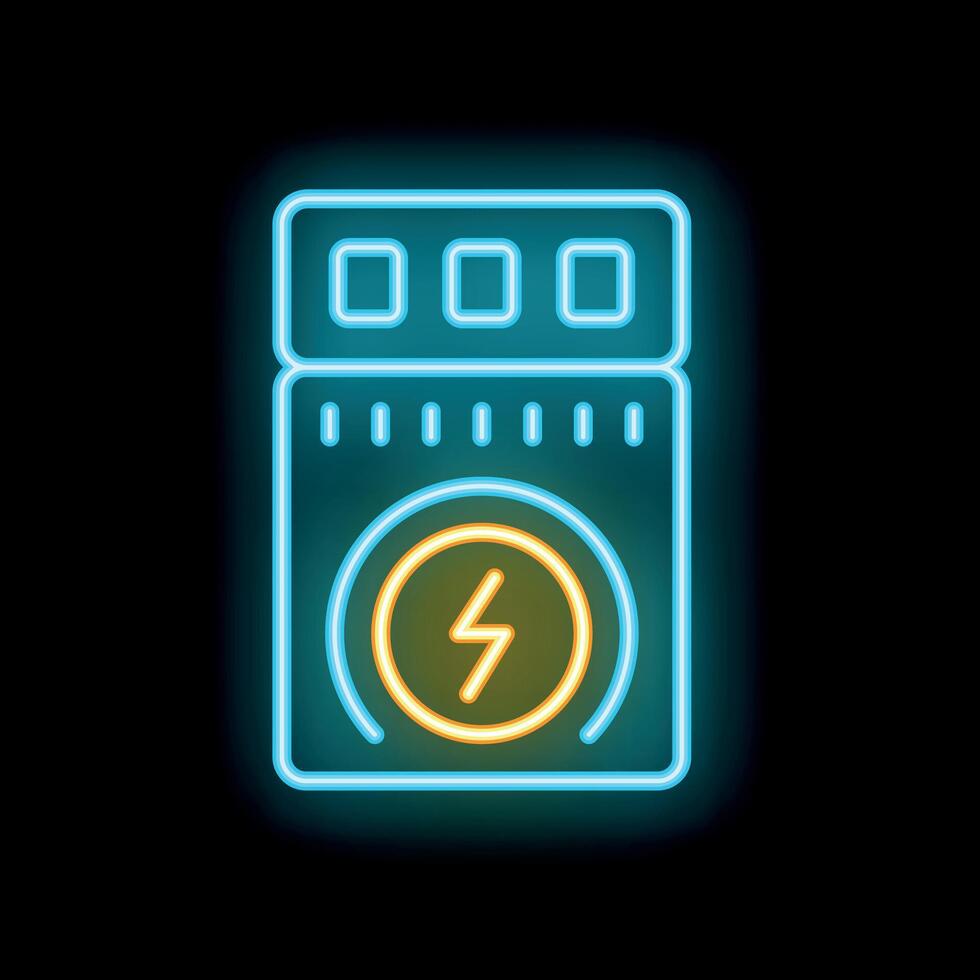 Neon glowing icon of electric car battery showing charging level on black background vector