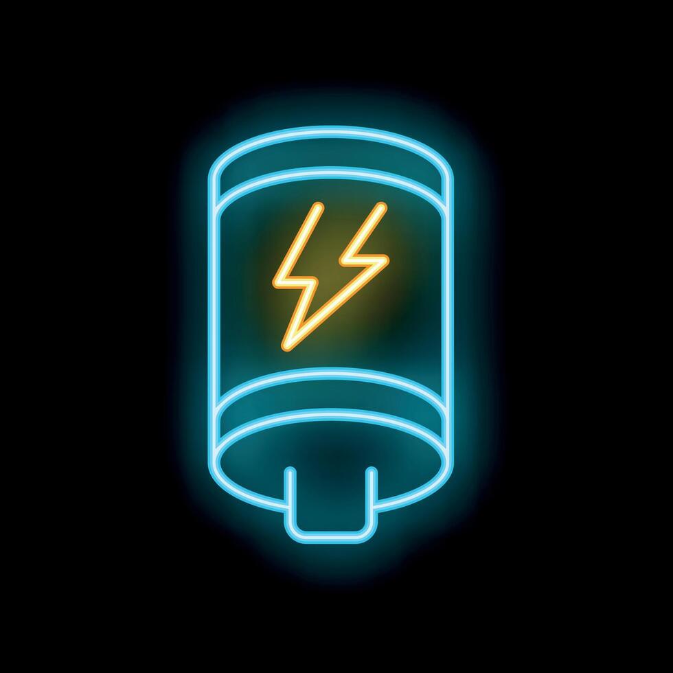 Neon battery icon glowing on dark background vector