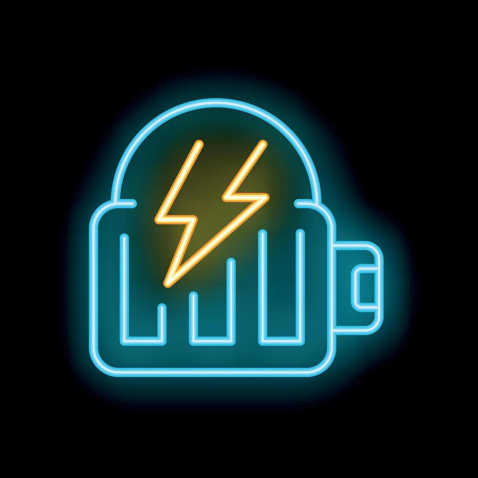 Neon sign of battery charging with bolt icon on black background vector