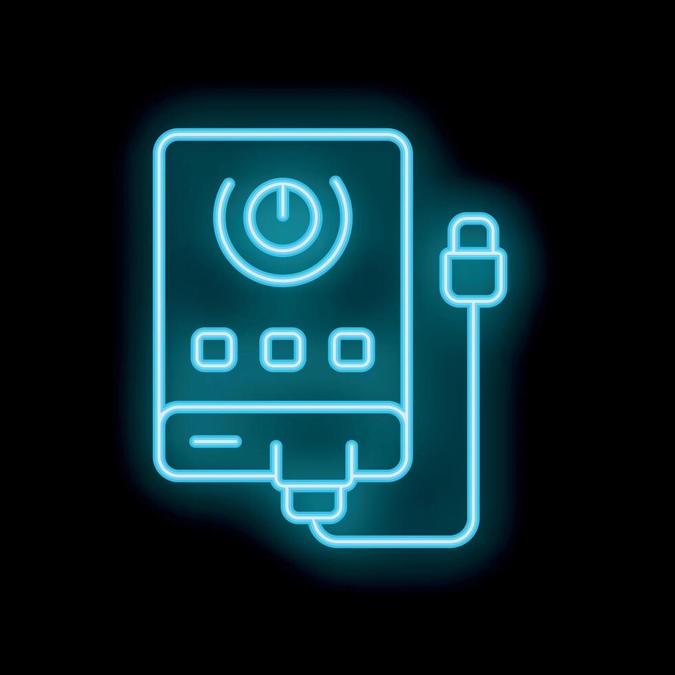 Neon icon of external hard drive glowing blue on black background vector