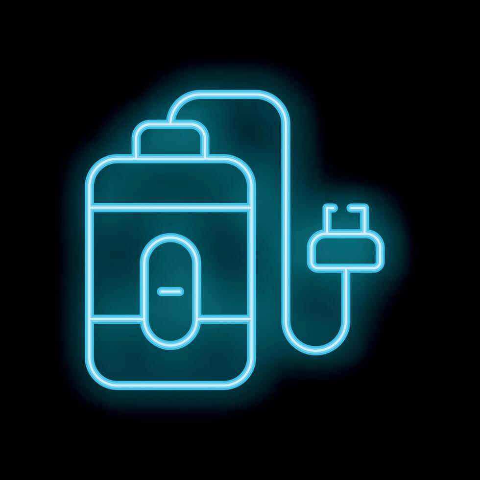 Blue neon power bank charging with plug icon on black background vector