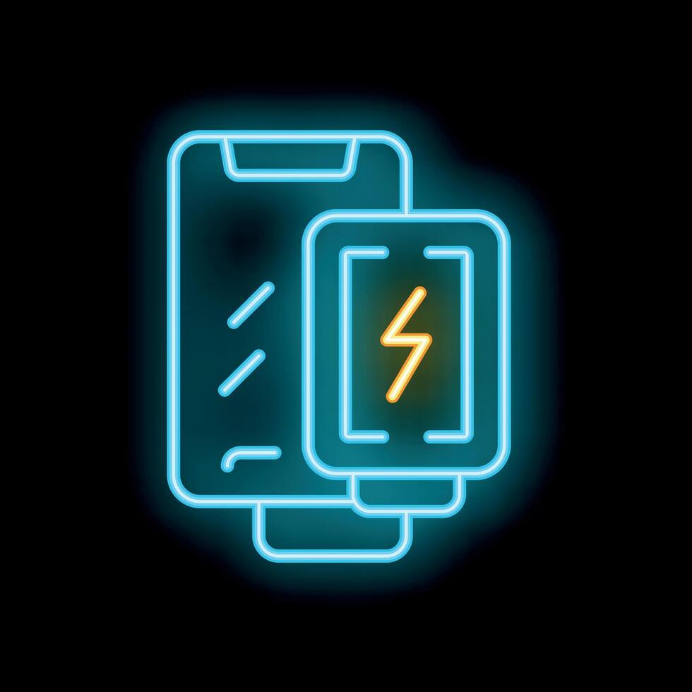 Neon sign showing smartphones with wireless charging system vector